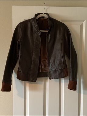 Rubbish Dark Brown Leather Jacket with Rib-Knit Cuffs